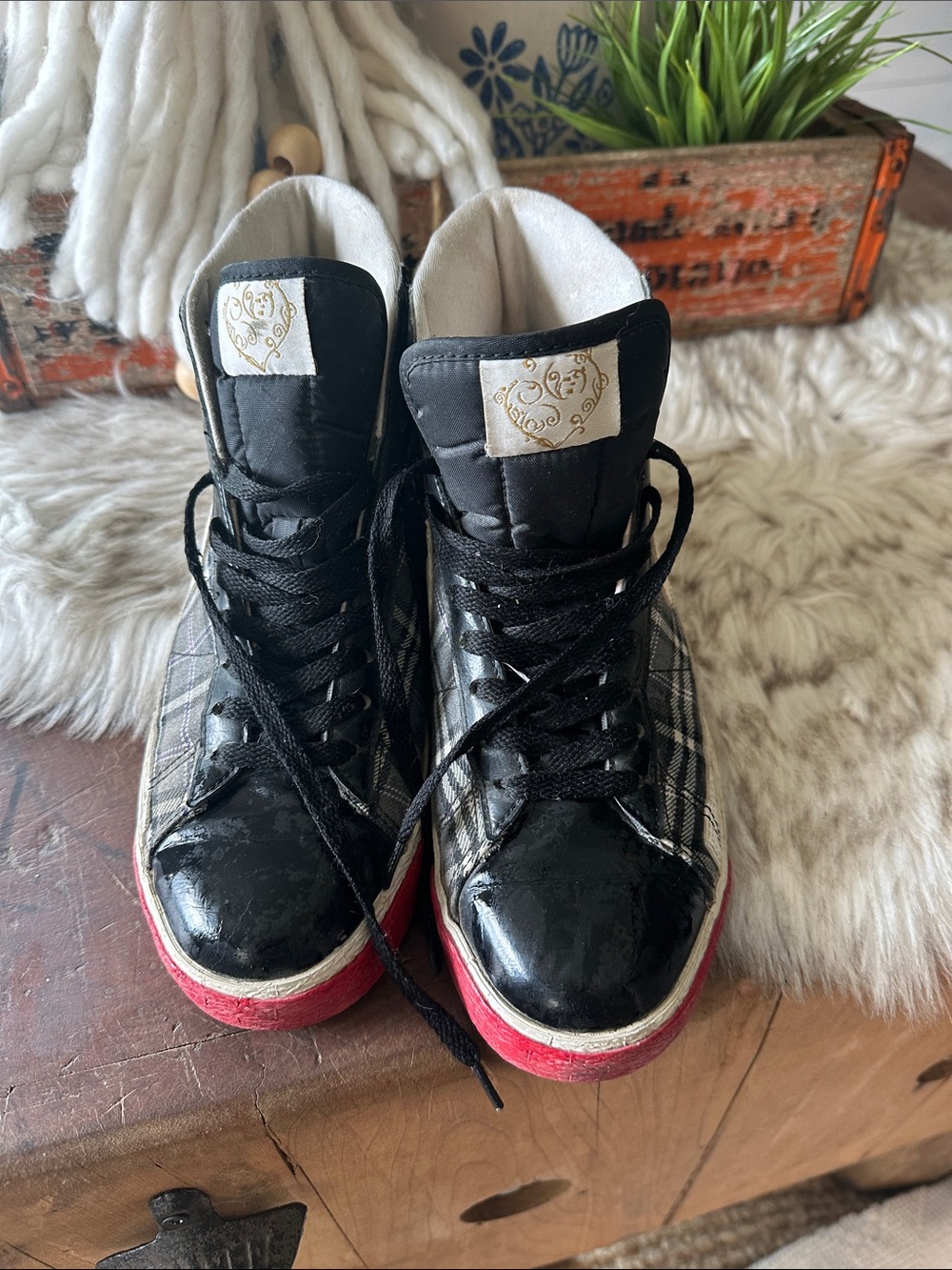 Nike Black Plaid High-Top Sneakers with white  Swoosh and red stripe
